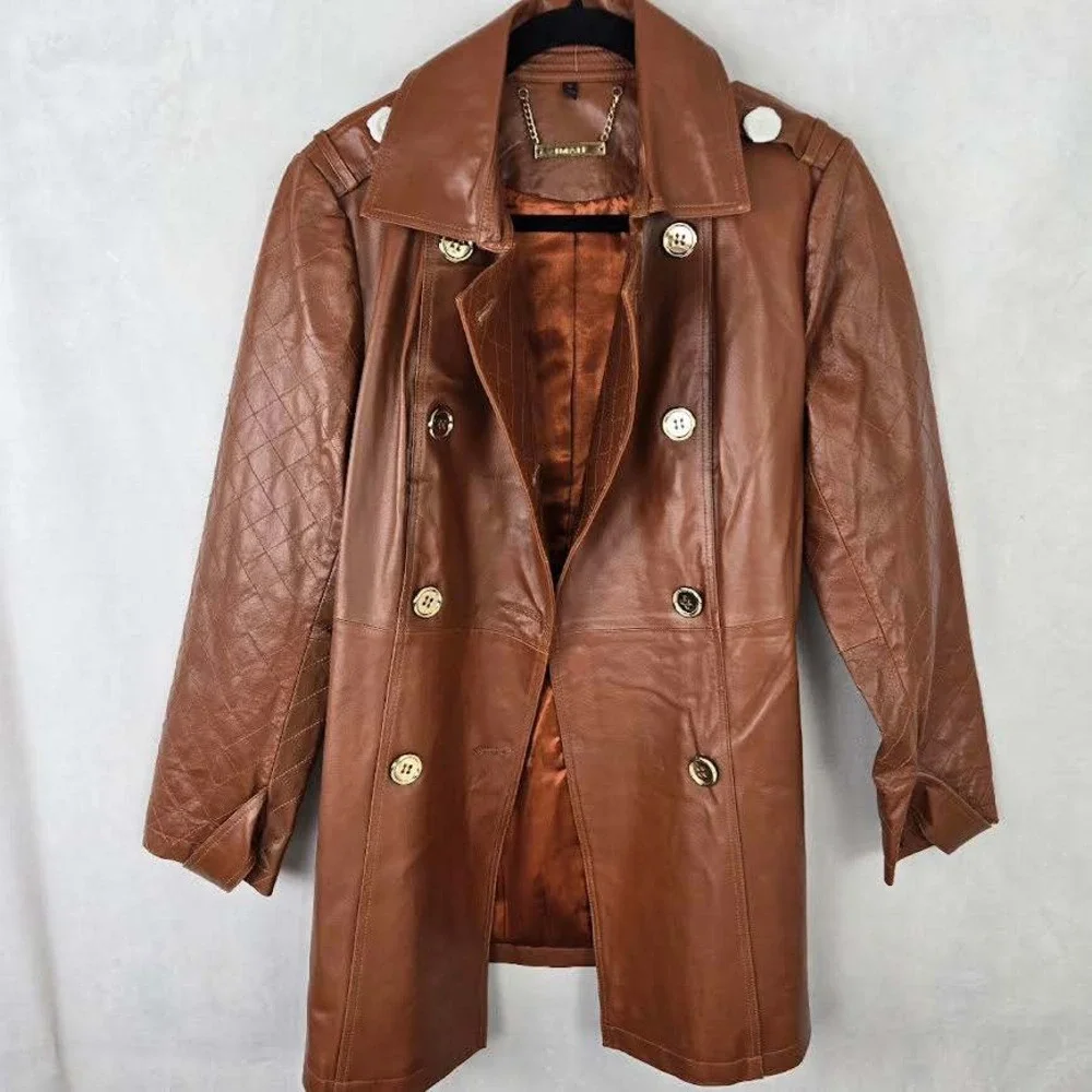 Women's Brown Leather Double-Breasted Trench Coat - Picture 1 of 11